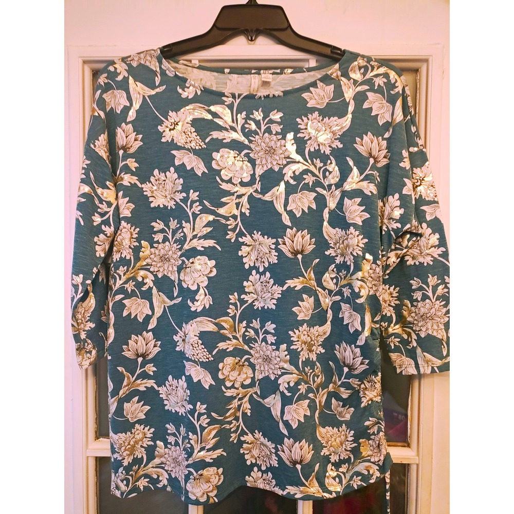 Cato Women's Medium Teal Gold Metallic Floral 3/4 Sleeve Tunic Top